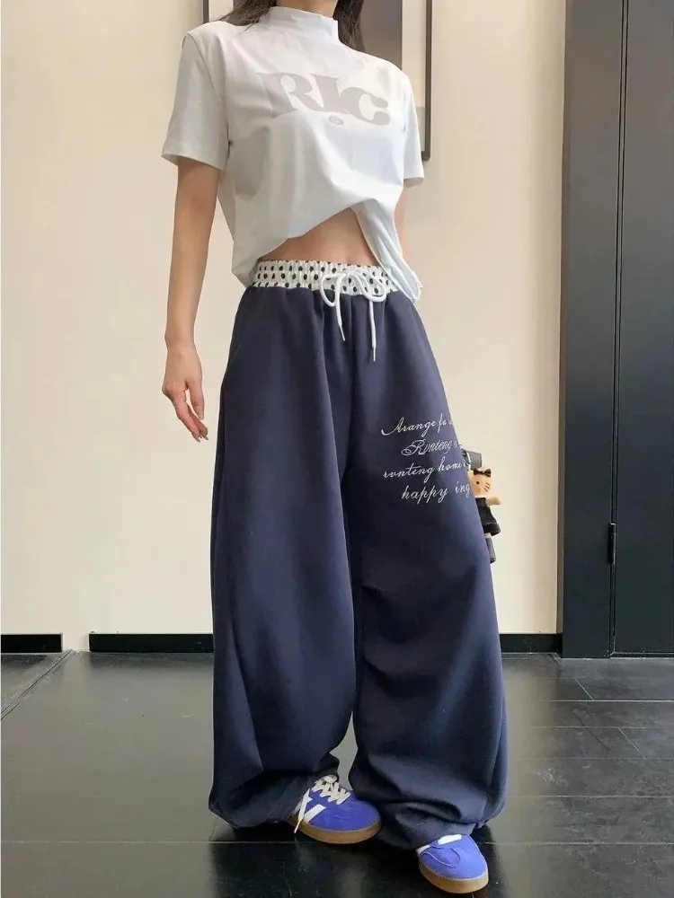 Women's Letter Pattern Vintage Dots Thin Pants Hip-hop Summer Bottoms Casual Wide Leg Trousers Female High Waisted Sweatpants