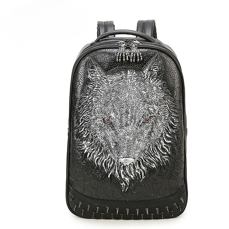 Men Women Thick Leather Backpack Wolf Embossed 3D Punk Rock Gothic Backpack Rivets Travel Rucksack School Book Shoulder Bag