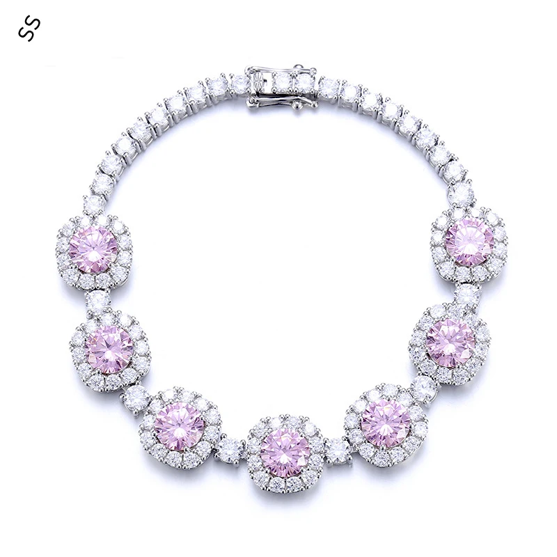 S925 Full Body Silver Pink Diamond Women's Bracelet Luxurious Exquisite Hand Chain Ornament Accessories for Sweet Girl Trendy