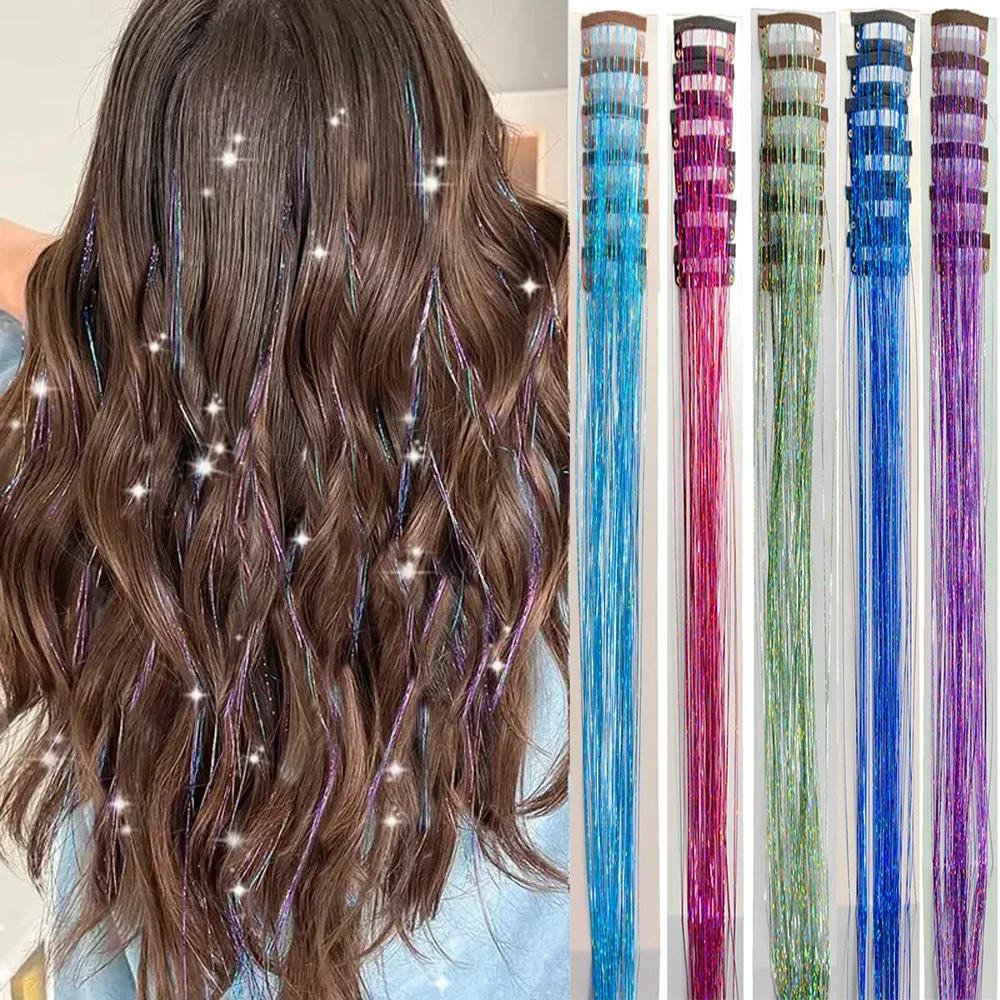 20 Inch Glitter Tinsel Hair Extensions with Clips In, 6Pcs/Set Synthetic Clip in Sparkle Fairy Hair Accessories for Women Kids