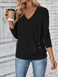 Plus Size Button Decor Ruched T-Shirt, Casual V Neck Long Sleeve Top For Spring & Fall Women's Plus Size Clothing