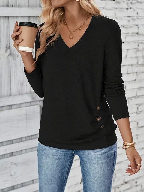 Plus Size Button Decor Ruched T-Shirt, Casual V Neck Top z długim rękawem na wiosnę i jesień Odzież damska Plus Size