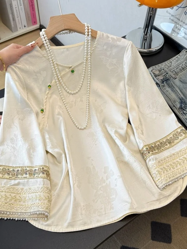 

New Chinese Style Heavy Embroidery Women's Shirt Spring Summer 2026 New Version Wind Improved Oblique Flap Button Seven Sleev...