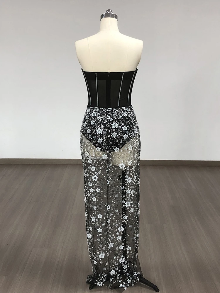 Sexy Long Skirt Two Piece Set Women Black Strapless Sequins Bodysuit + Shiny Beaded Mesh See Through Slim Skirts Suits Evening