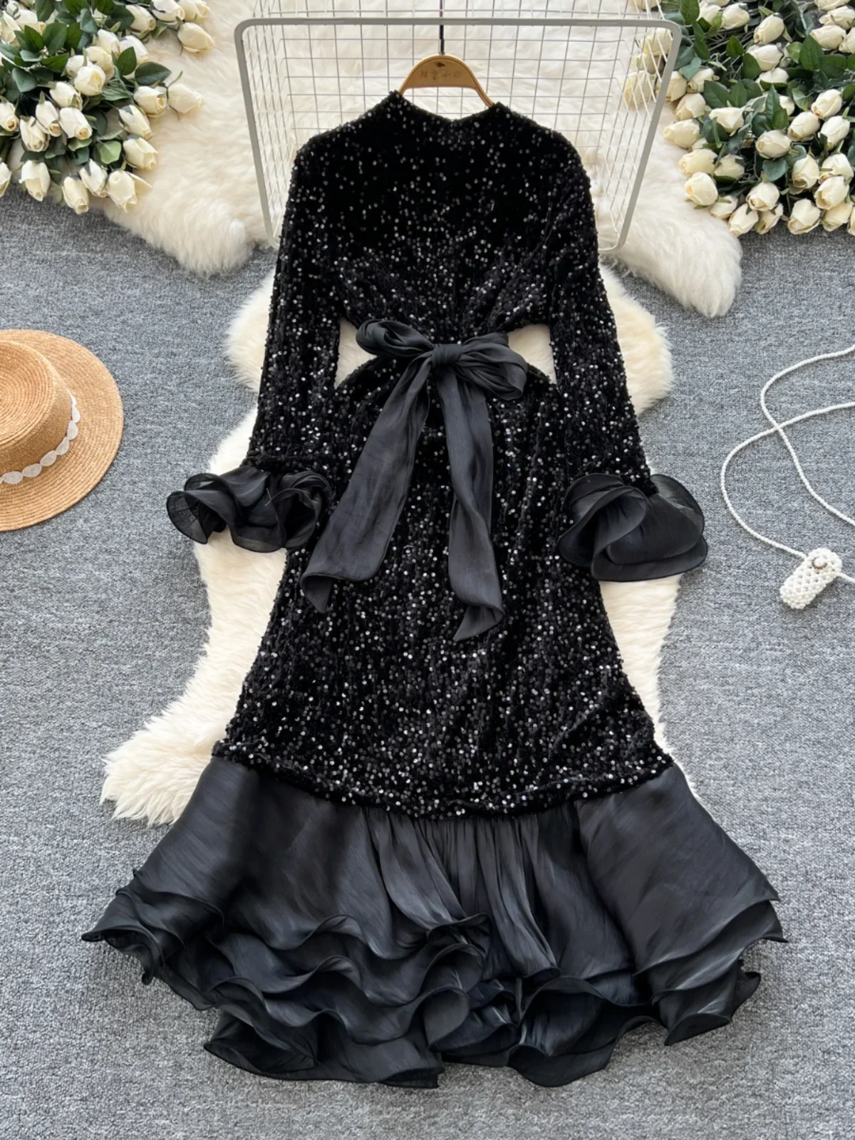 Ofallsis Banquet Party Dress 2024 Autumn New Women's High end Tied Waist Heavy Industry Sequins Ruffle Edge Elegant Long Dresses