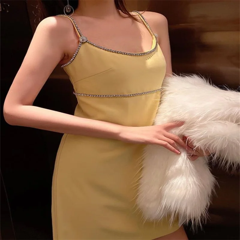 

New diamond sling dress fashion summer slim sweet Aline yellow sleeveless dress women