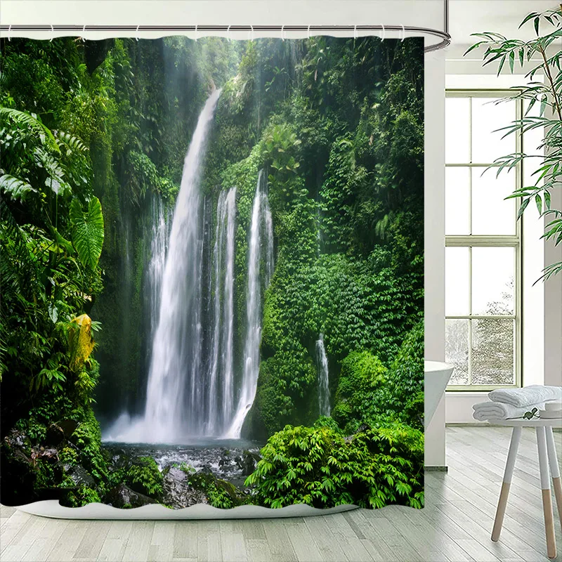 Forest Landscape Shower Curtain Waterfall Tropical Jungle Green Plants Trees Nature Scenery Modern Bathroom Decor Bath Curtains