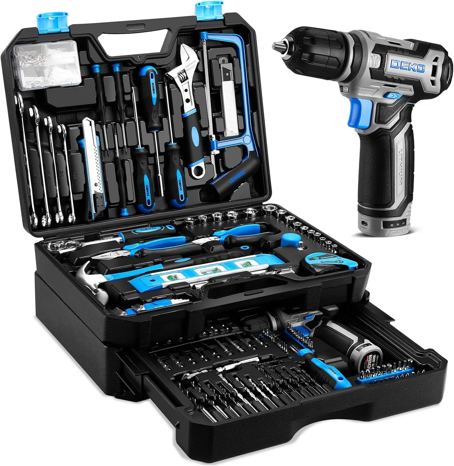

Tool Set: Tool Kit with 12V Cordless Drill Hand Toolbox with storage case Mechanic Tool set for Home Repairs Blue