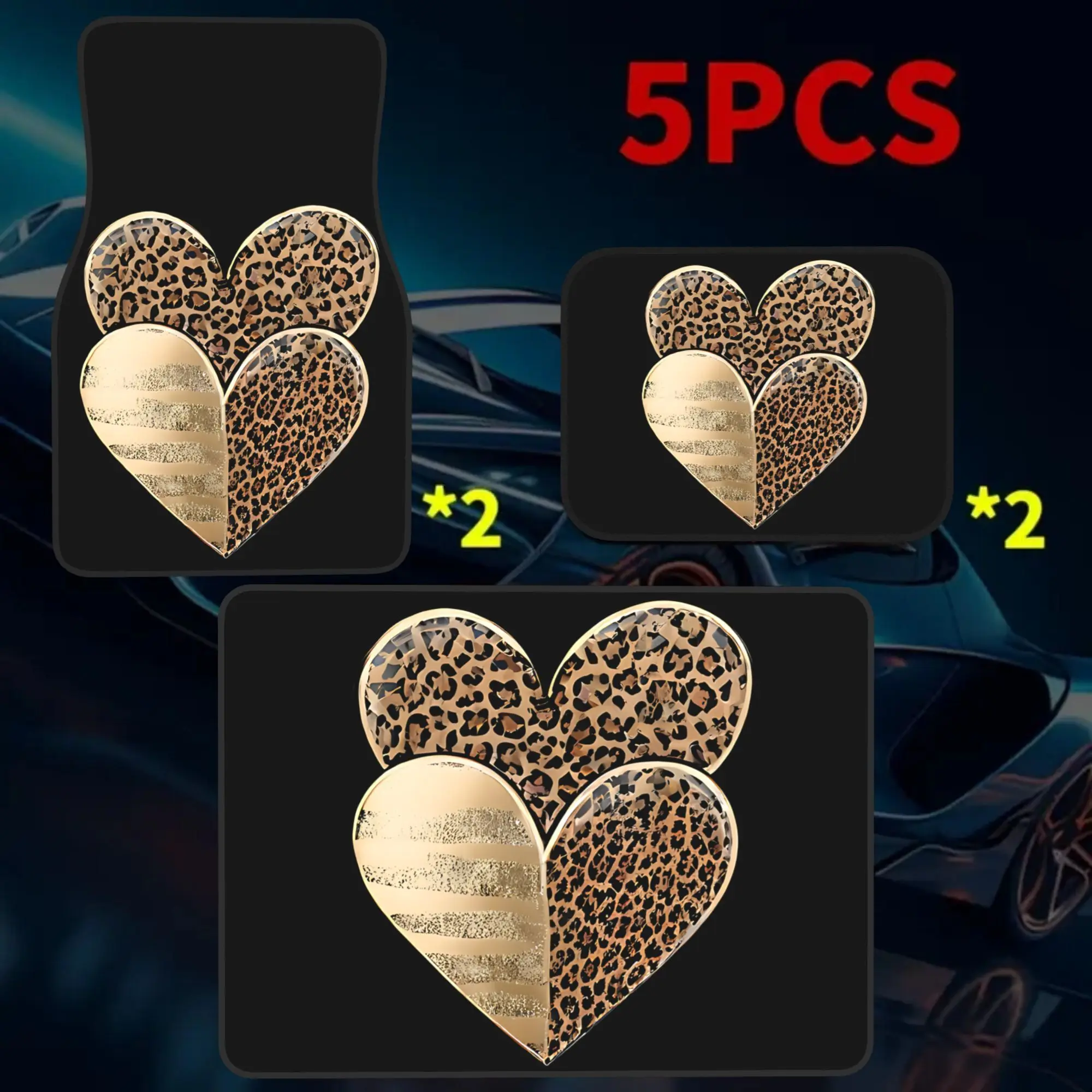 2D Flat Printing 5pcs Leopard Print Double Hearts Printed Car Mats Set (4 Floor Mats + 1 Trunk Mat), Made Of Durable Elegant Int