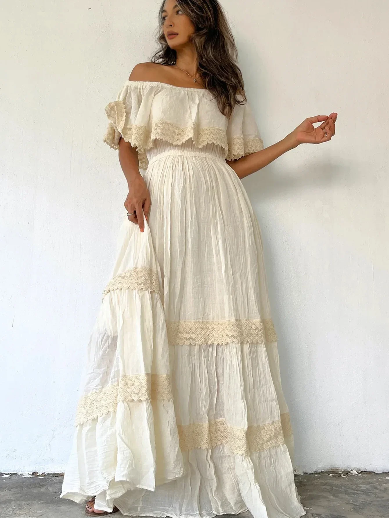 Abito lungo da donna Boho Summer Elegante a vita alta con spalle scoperte Patchwork in pizzo Vintage Beach Party Holiday Abiti lunghi