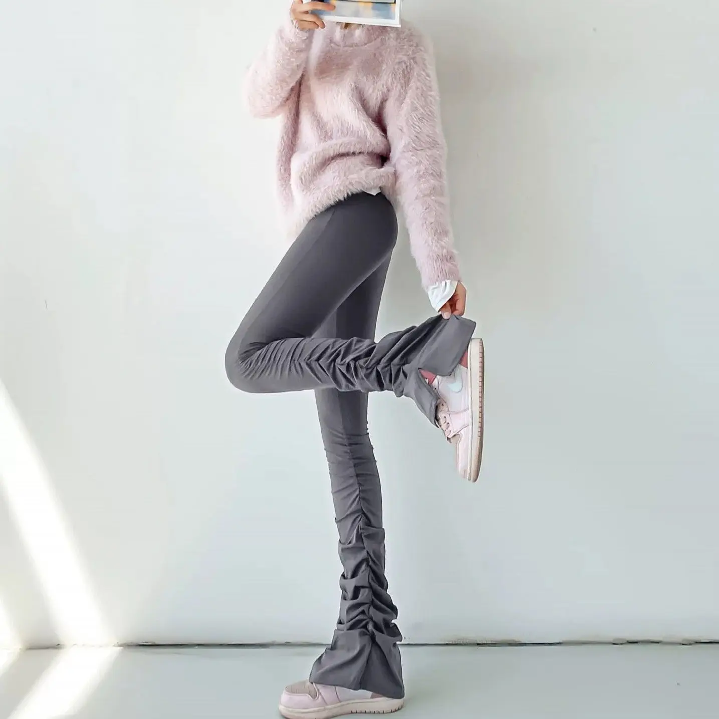 2026 High Waist Slimming Pleated Spring and Autumn Pile Pants for Women Wearing Micro Flared Yoga Pants