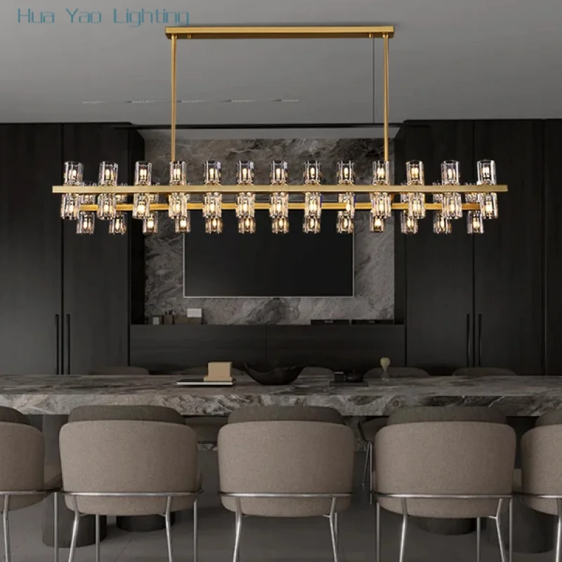 Long Modern All Copper Crystal Chandelier Ceiling Luxury High Quality Dining Room Table Hanging Lamp