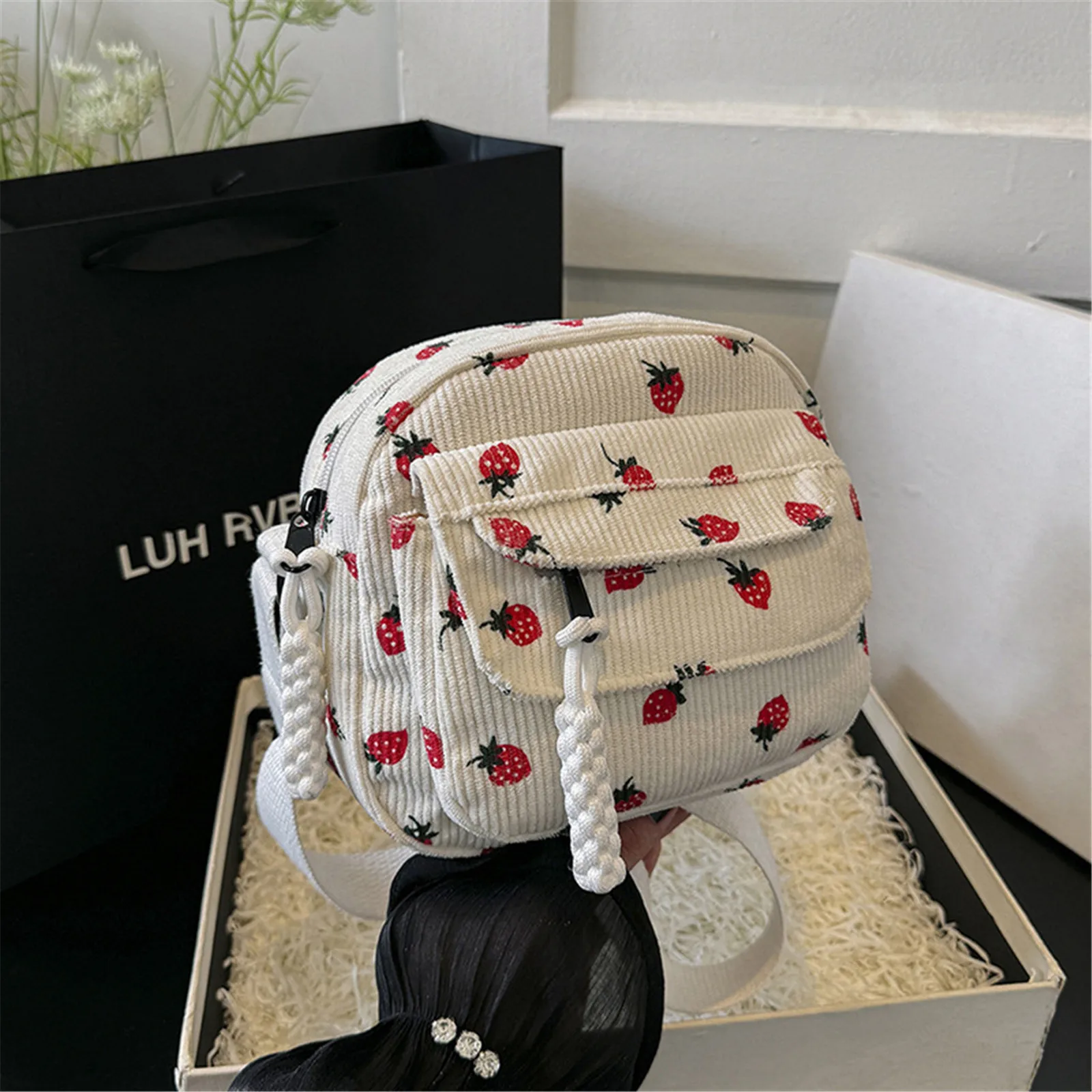 Women Corduroy Crossbody Bag Strawberry Print Multi Layer Shoulder Bag Versatile Phone Purse Small Square Bag Travel Coin Purses