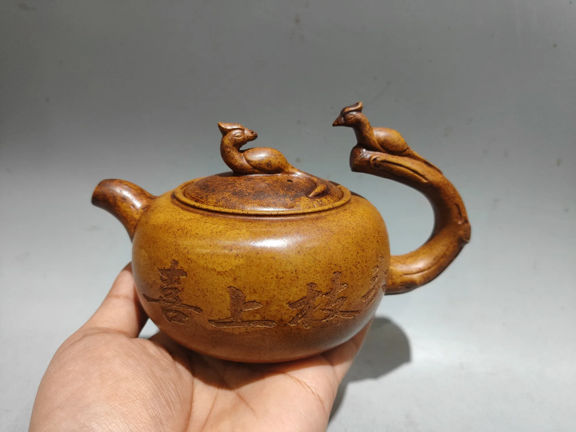 Old Chinese Handcraft Enameled  YiXing Zi Sha Clay  (yellow stoneware) Teapot,Birds on the branches,with mark,Free shipping