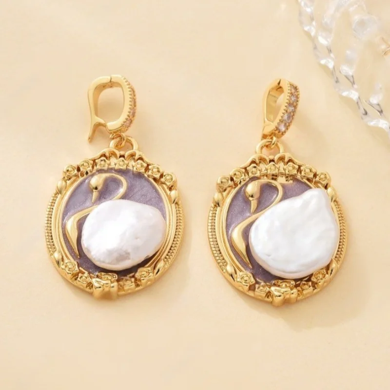 

New Natural Pearl Necklace Monet Garden Oil Painting Style DIY Jewelry Accessories Swan Shape Baroque Universal Buckle Pendant
