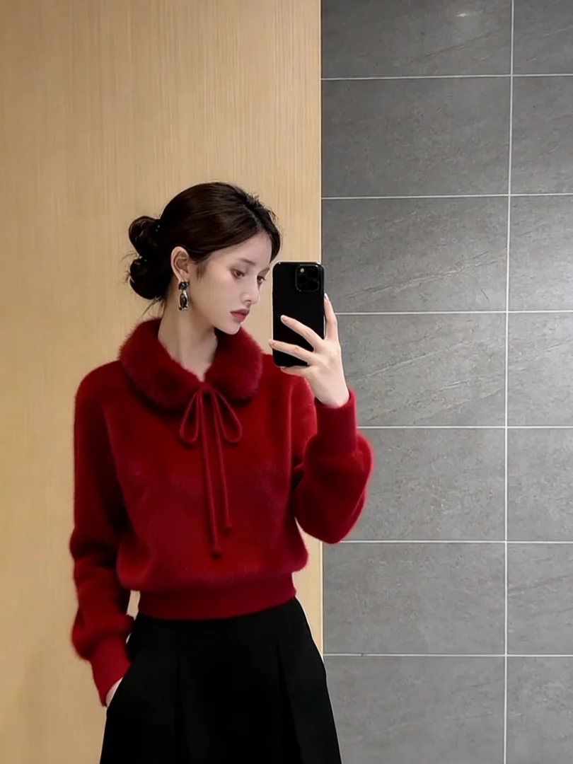 

Unique Red Knitted Sweater ort Sle Korean System Spring Faion High-End Sensation Beautiful Lightweight Luxury Top