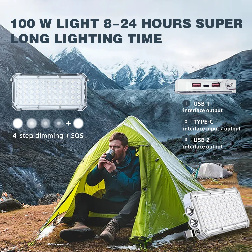 100W Outdoor Camping Tent LED Light 20000mAh Multi-functional Phone Wireless Power Bank Waterproof IP66 Flashlight Emergency