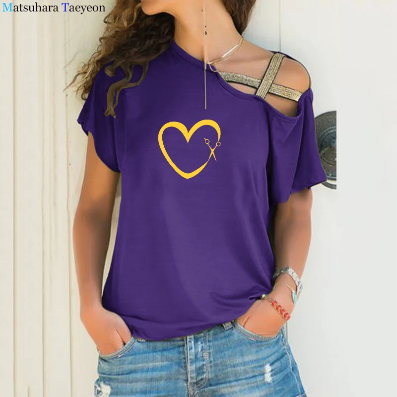 Funny Barber Weapon Scissors Heart T Shirt Women Hairdresser T-shirt Hair Stylist Sexy Irregular Skew Cross Bandag Clothes Tee