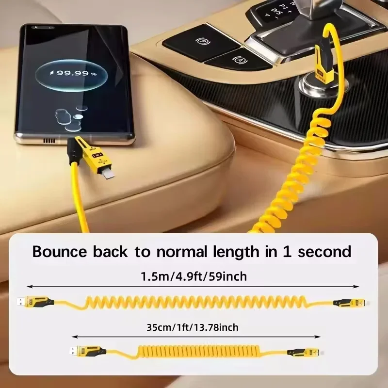 4 in 1 65W USB C Spring Fast Charging Cable 6A Short Retractable Data Cord for iPhone 15 14 13 12 Type C Charging Line