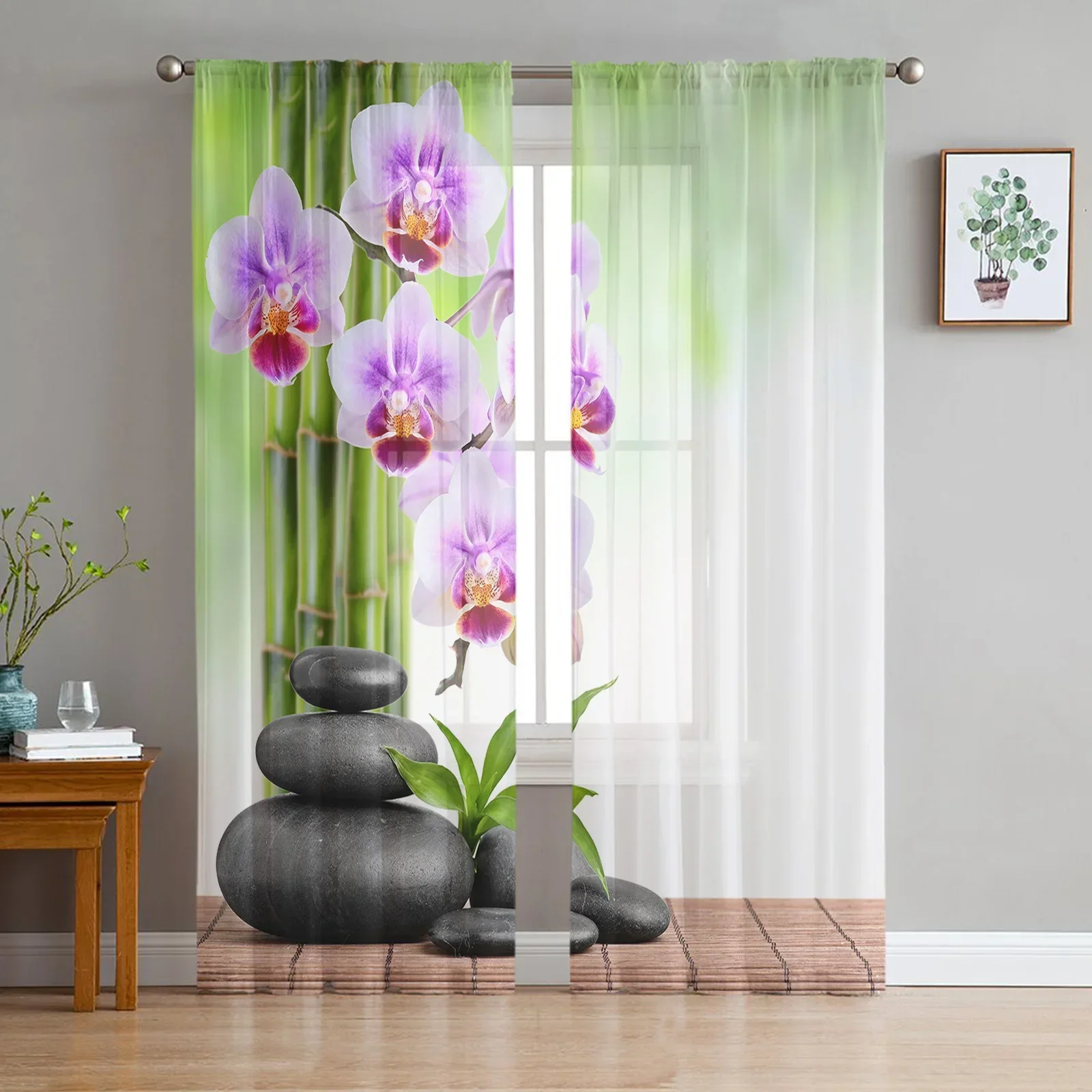 Bamboo Orchid Zen Stone Flower Sheer Curtains Living Room Window Tulle Curtains For Bedroom Kitchen Home Decoration Voile Drapes