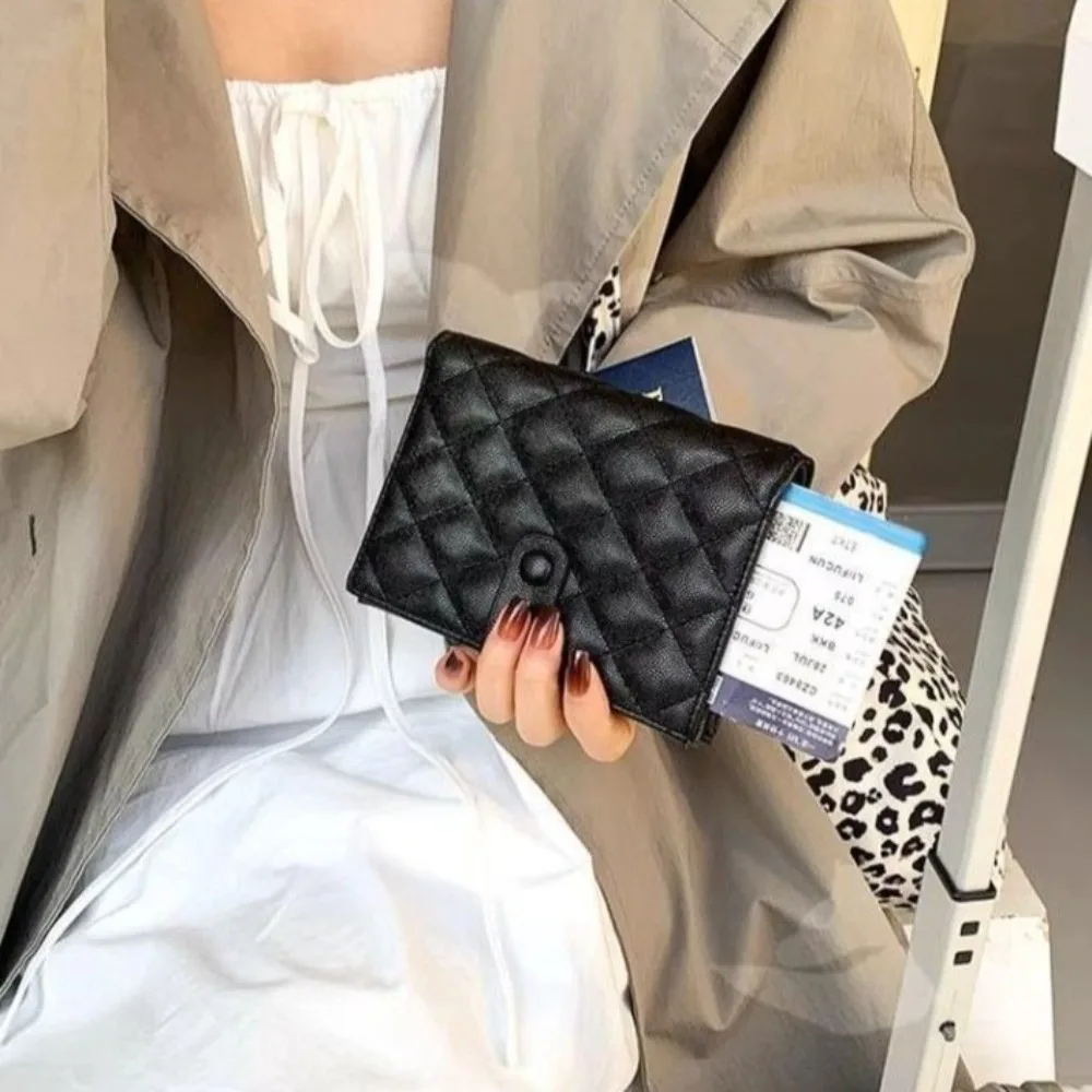 

Rhombus Plaid Leather Passport Holder Solid Color Korean Style Card Storage Bag Multifunctional Airplane Check-in Passport Clip