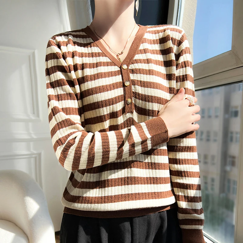 

Covering Meat Slim Fit Top Button V-neck Contrast Stripe Japanese Blouse Spring/Summer New Pullover