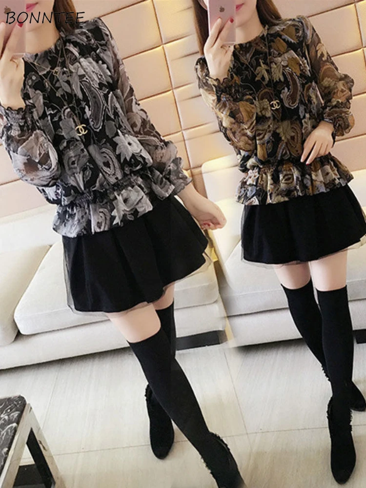 

Floral Blouses Women Ruffles All-match Temper Casual Plus Velvet Designed Korean Fashion Elegant Streetwear Age-reducing Womens