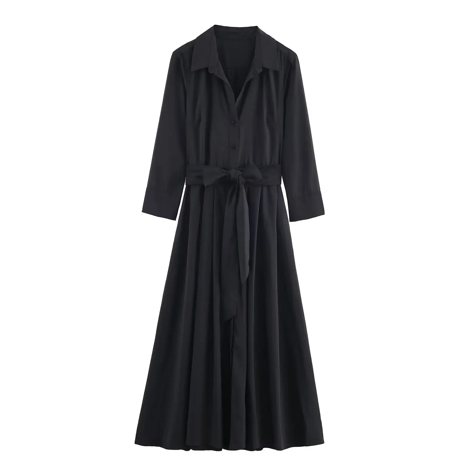 Damen-Schnürkleid, elegantes schwarzes langes Hemdkleid, weibliches Umlegekragen, einreihiges Langarm-Pendler-Casual-Midikleid