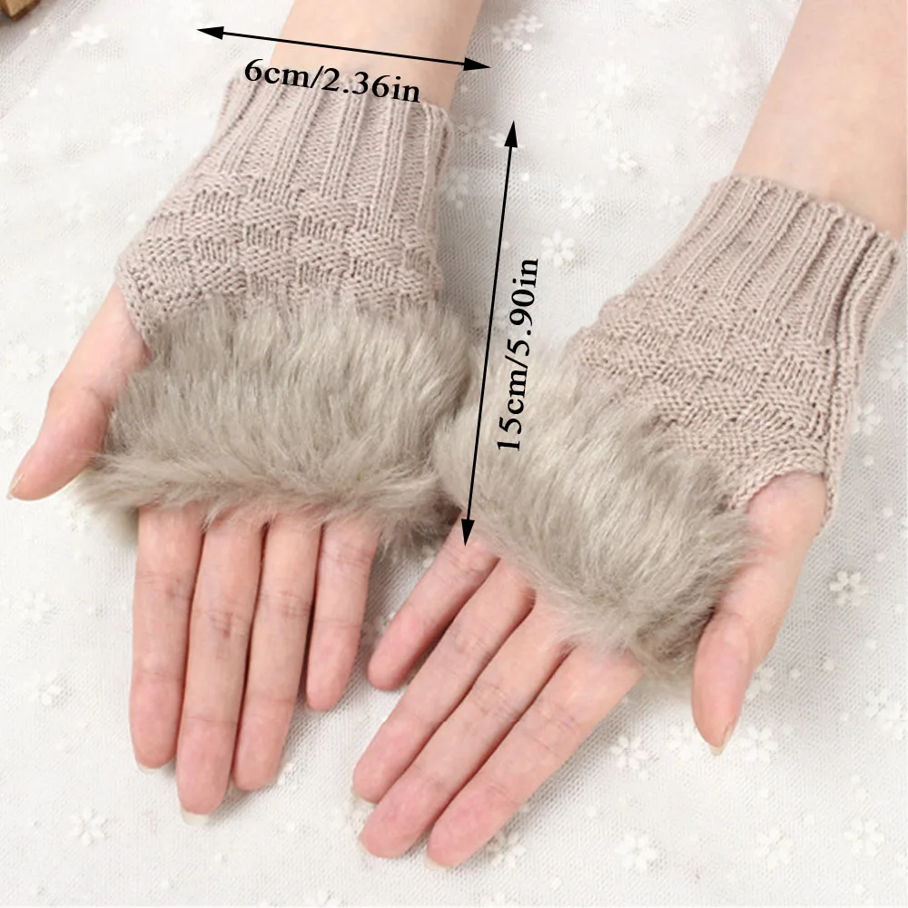 Fashion Women\'s Winter Gloves Knitting Faux Fur Hand Warmer Y2k Girls Arm Wrist Soft Half Finger Gloves Wrist Mittens Writting