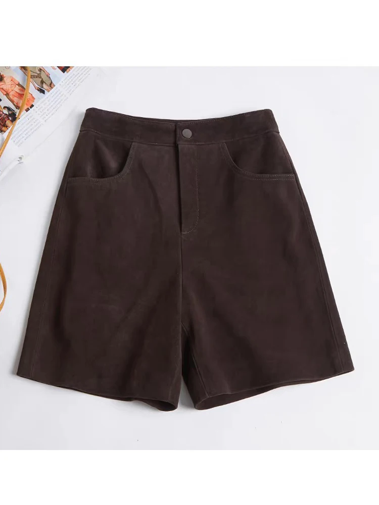 Retro Women's Kid Suede Leather Shorts 2025 Spring Vertical Bar Sheepskin  Pants Mujer Casual Pantalones Cortos
