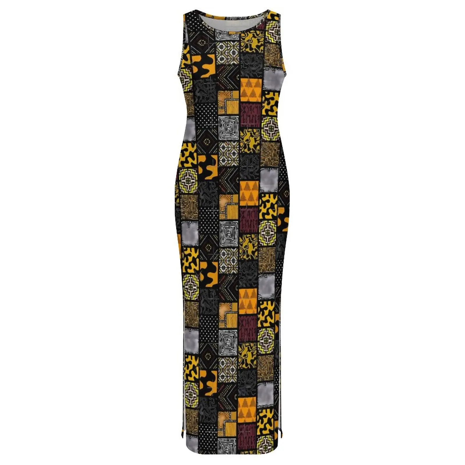 Women Afro Patchwork Print Dress Retro Plaid Streetwear Bodycon Dress Summer Sleeveless Modern Maxi Dresses Graphic Vestido