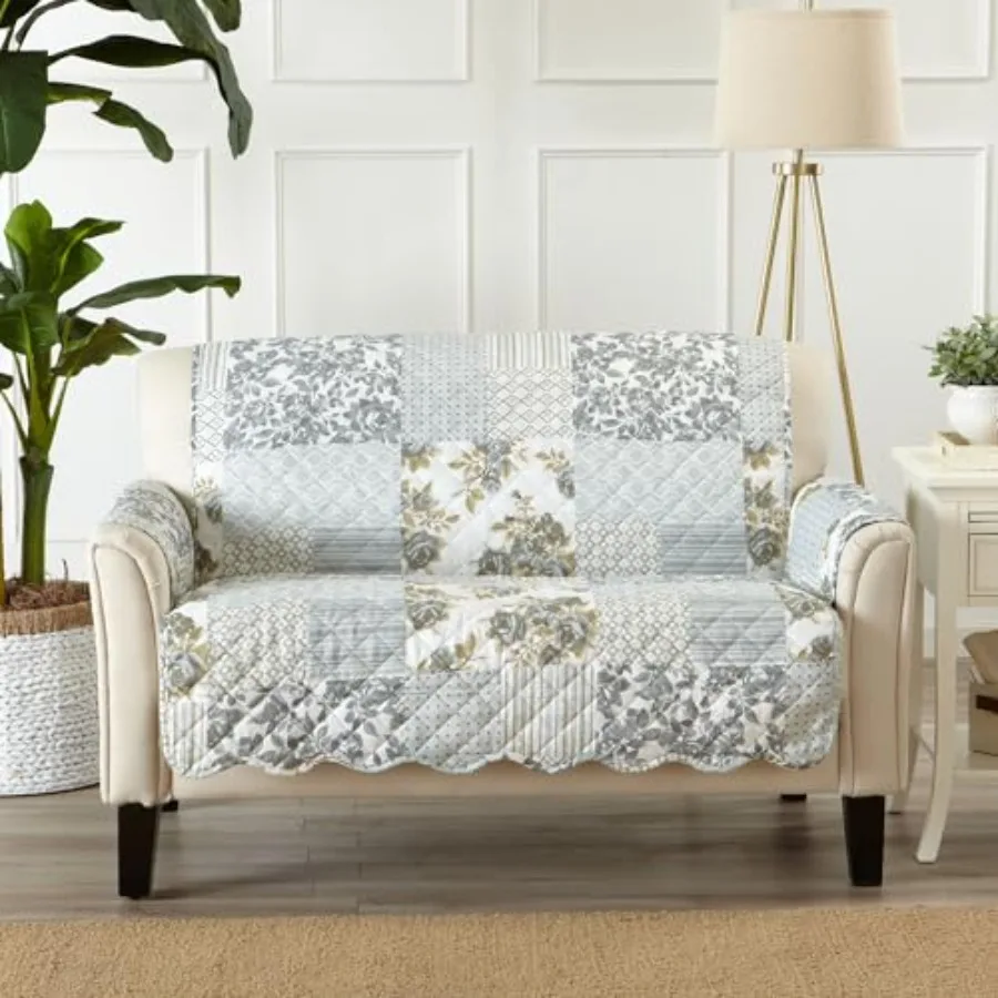 Reversible Patchwork Cover - Washable Slipcover Furniture Protector with Elastic Straps - Perfect for and Pets - Box-Stitched D