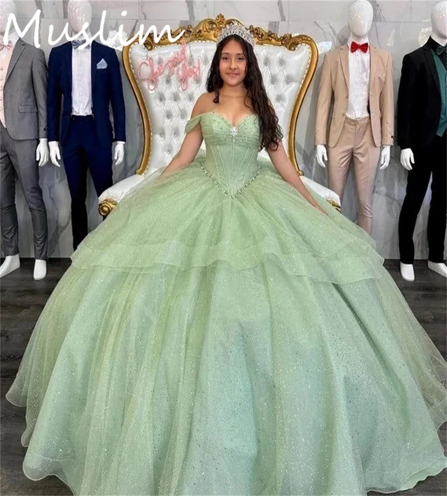 Shine Sage Abiti Quinceanera 2025 Puffy Tulle Perline Quindici Abiti da compleanno Corsetto personalizzato Abiti da 15 anni Quinceañe