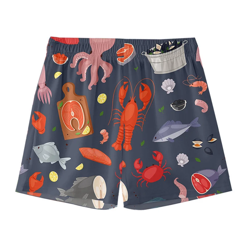 Cartoon Seafood Crab Shrimp Fish 3d Print Beach Shorts For Men Summer Street Short Pants Surf Board Shorts Loose Swim Trunks