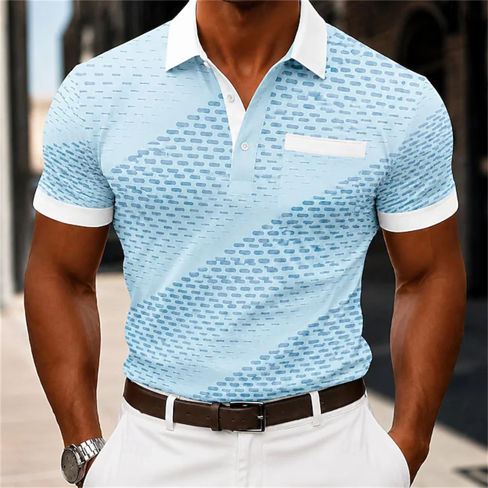 New men's short sleeved polo shirt with contrasting fluid marble art print and wine red lapel casual top