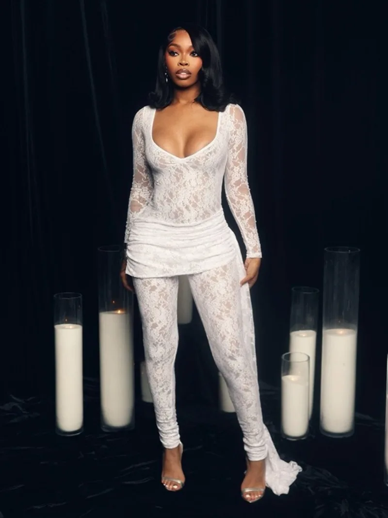 FDYOUI Frauen Langarm Durchsichtige Spitze Bodys Overall Bandage Aushöhlen Einteilige Hochzeit Party Overalls Rot Schwarz Weiß