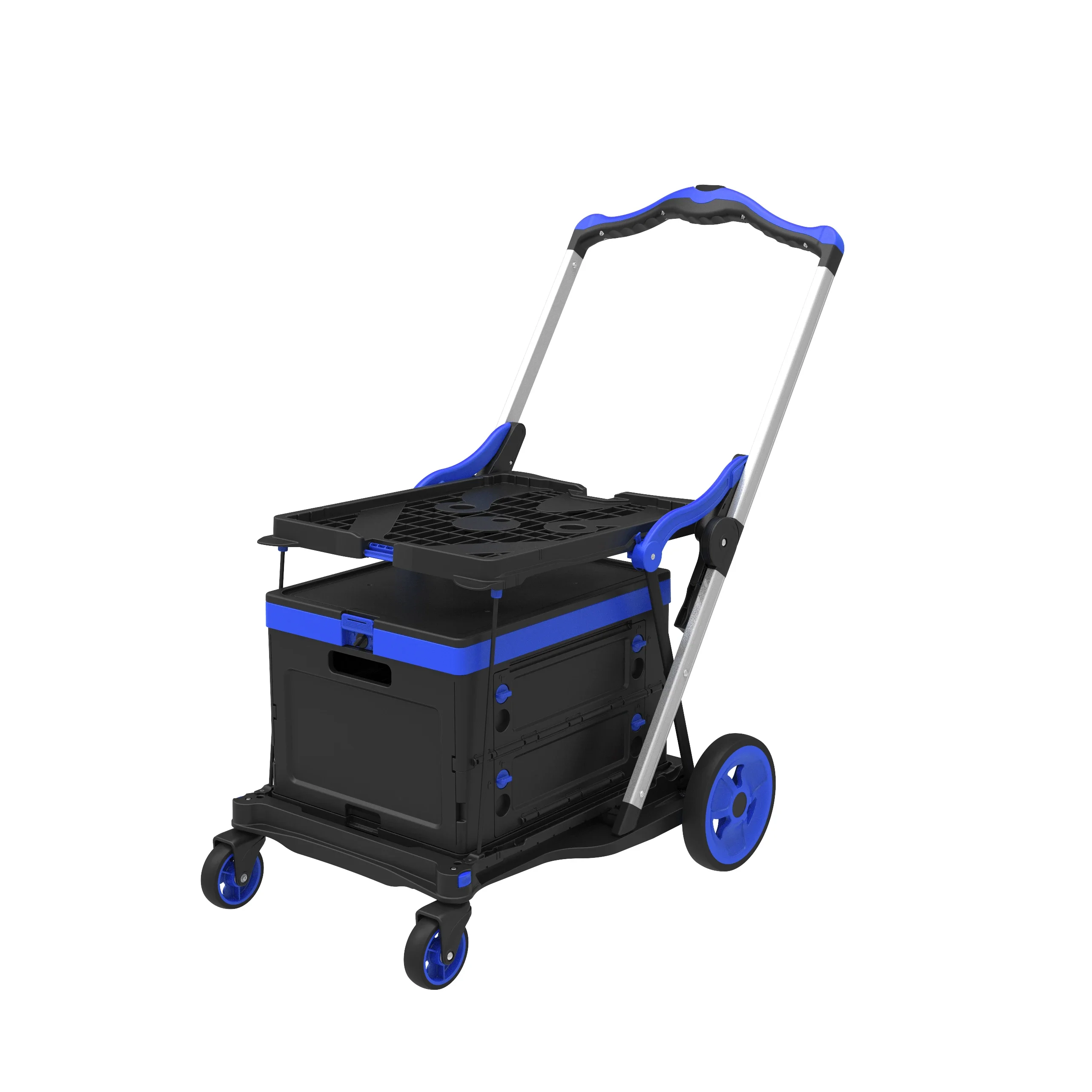 Chariot pliant double couche de qualité commerciale en PP, structure à quatre roues, plateforme, paniers amovibles, roues, OEM/ODM acceptés