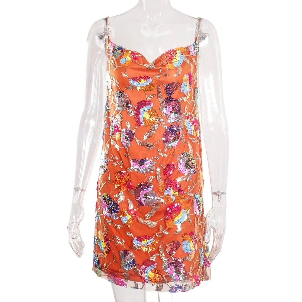 

Sexy Backless V-neck Spaghetti Straps Colorful Sequined Party Mini Dress