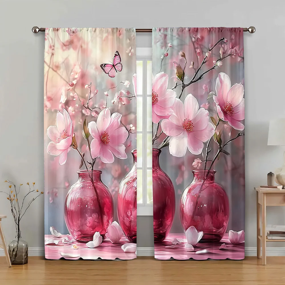 

2pc, Window Drapes Pink glass vase with white and pastel flowers_ butterfly illustration Versatile Polyester,Without