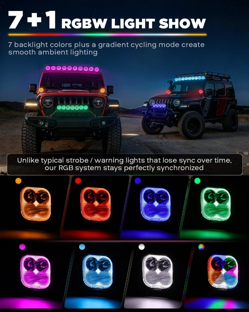 AUXBEAM COLOR PLAY SERIES 3 INCH 116W RGB LED POD LIGHTS 8 BACKLIGHT Plug & Play LED OFF ROAD Work Lights with Wiring Harness