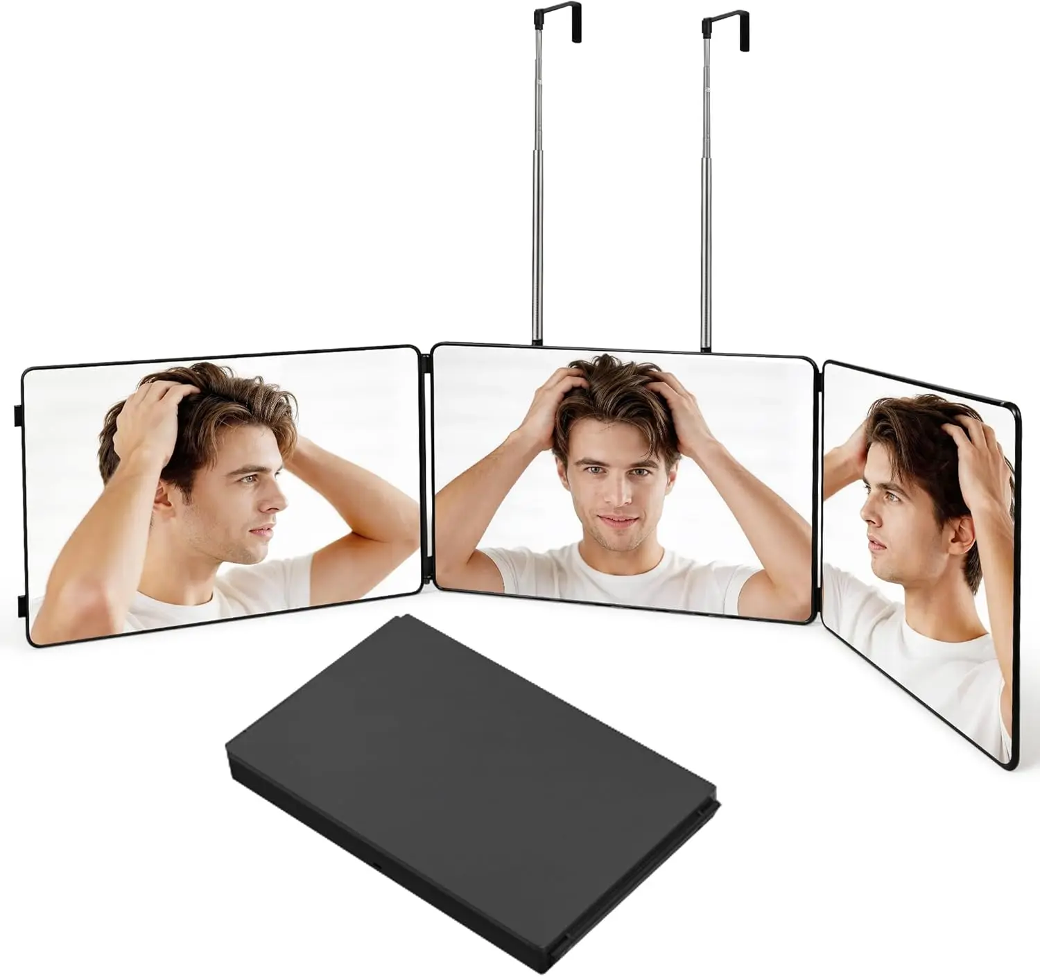 Folding 3 Way Mirror with Lights and Shelf 360 Self Cut Mirror for Self Haircut Rechargeable Dimmable LED Adjustable Hook for Wall Door Tabletop for Men Women Makeup Shaving Braiding for Haircut Makeu image 8