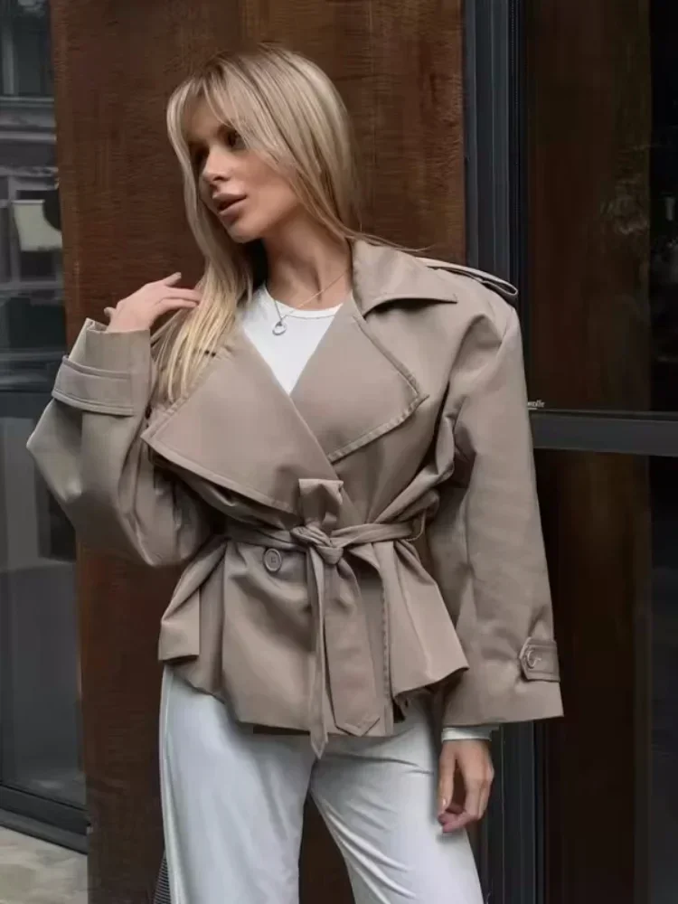 Women V-neck Lapel Belt Trench Coat Fashion Lace Up Full Sleeve Button Short Thin Windbreak 2025 New Lady Daily Street Outerwear