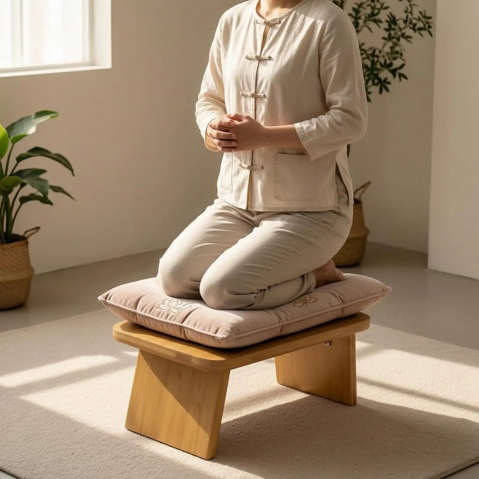 Kneeling Stool Angled Meditation Bench Natural for Home Studio, Yogis