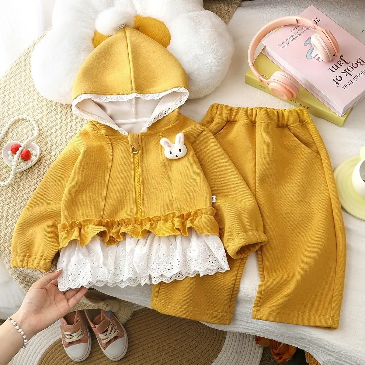 Girls Spring Autumn Set New Fashion Kids Lace Zipper Hooded Jacket + Pants 2 Piece Outfit Baby Clothing Sets