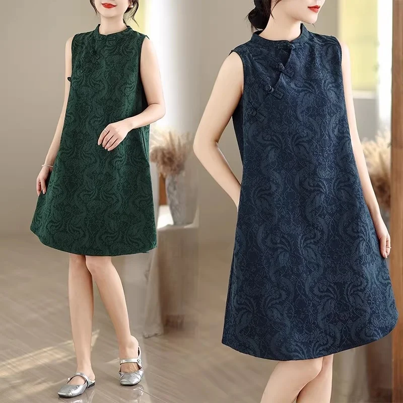 

Платье-ципао женское без рукавов, свободного кроя, миди, в китайском стиле, из льна и хлопка, жаккардовое, художественное платье-жилет W2271