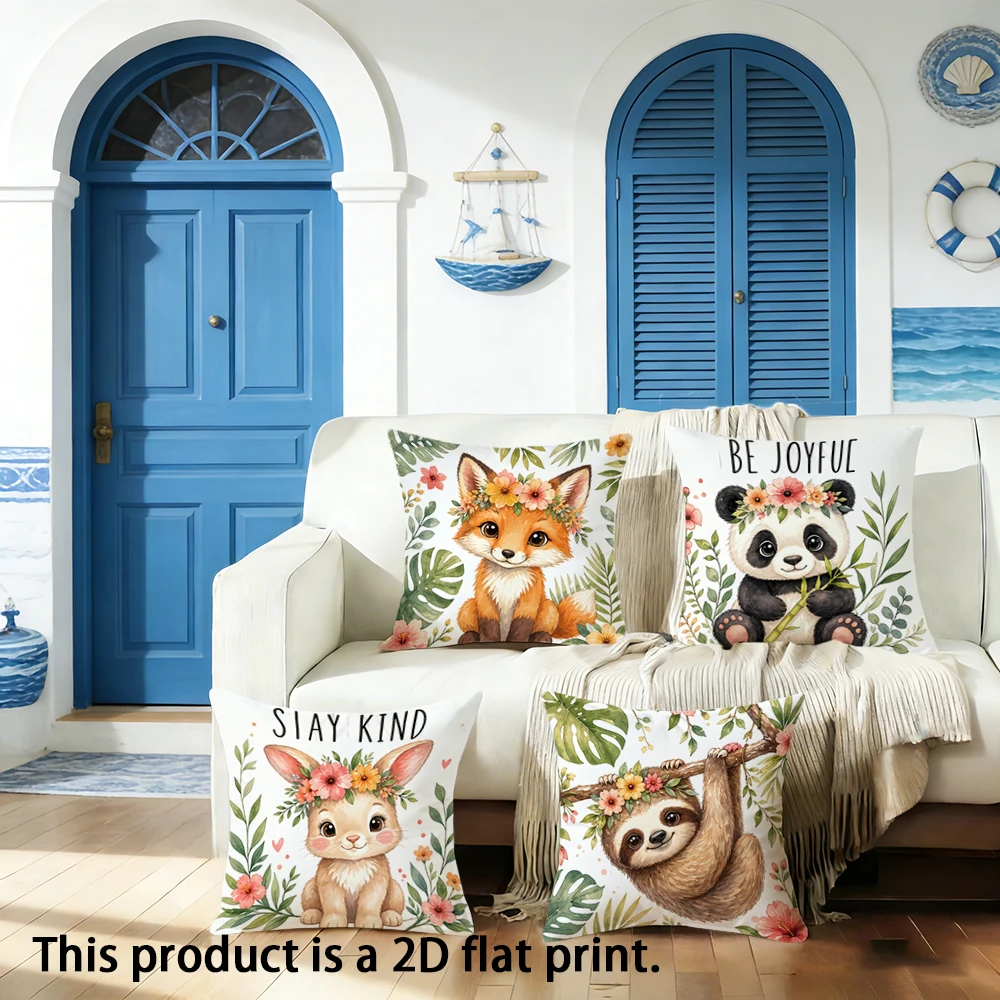 1pc Cute Forest Animal Floral Throw Pillow Covers, Watercolor Bunny Sloth Fox Panda Decorative Pillow Cases for Home