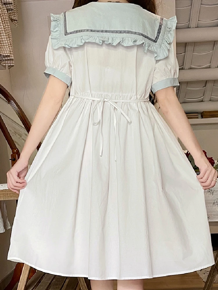 Spring Sweet Elegant White Blue Pink Preppy Style Fairy Dress Women A-Line Lace Up Short Sleeve Loose Mid Dresses Female 2023