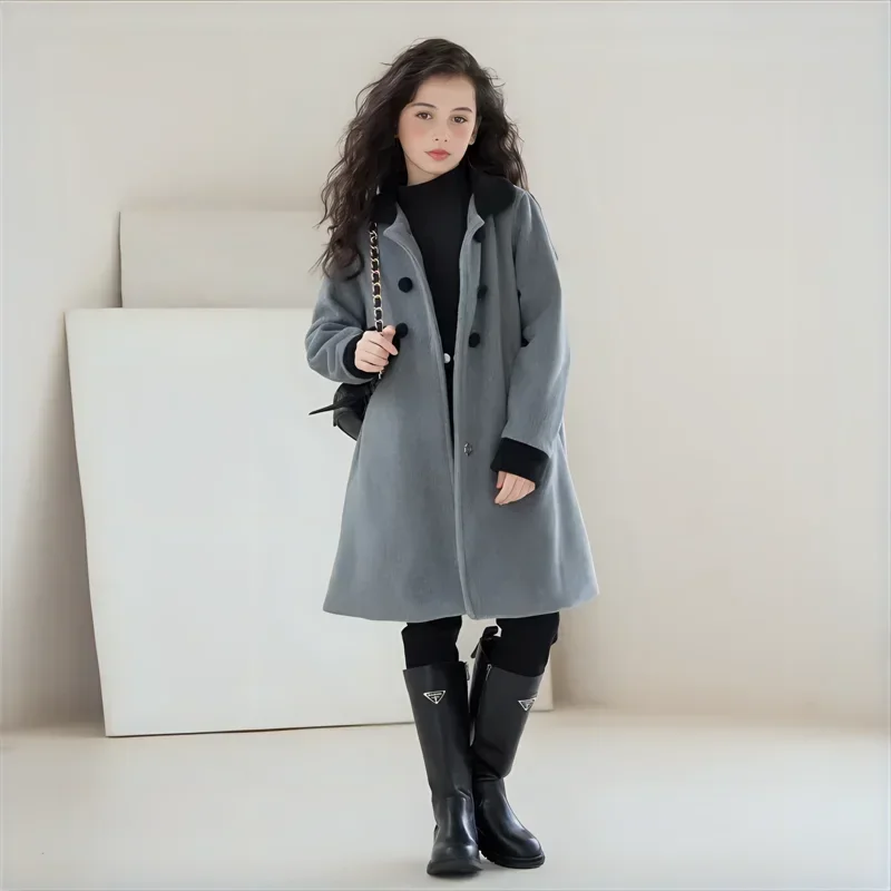 

Winter Girls Wool Coat Long Double-faced Tweed Overcoat for Kids Fashion Casual Grey 10 12 14 Years Teenage Children Outerwear