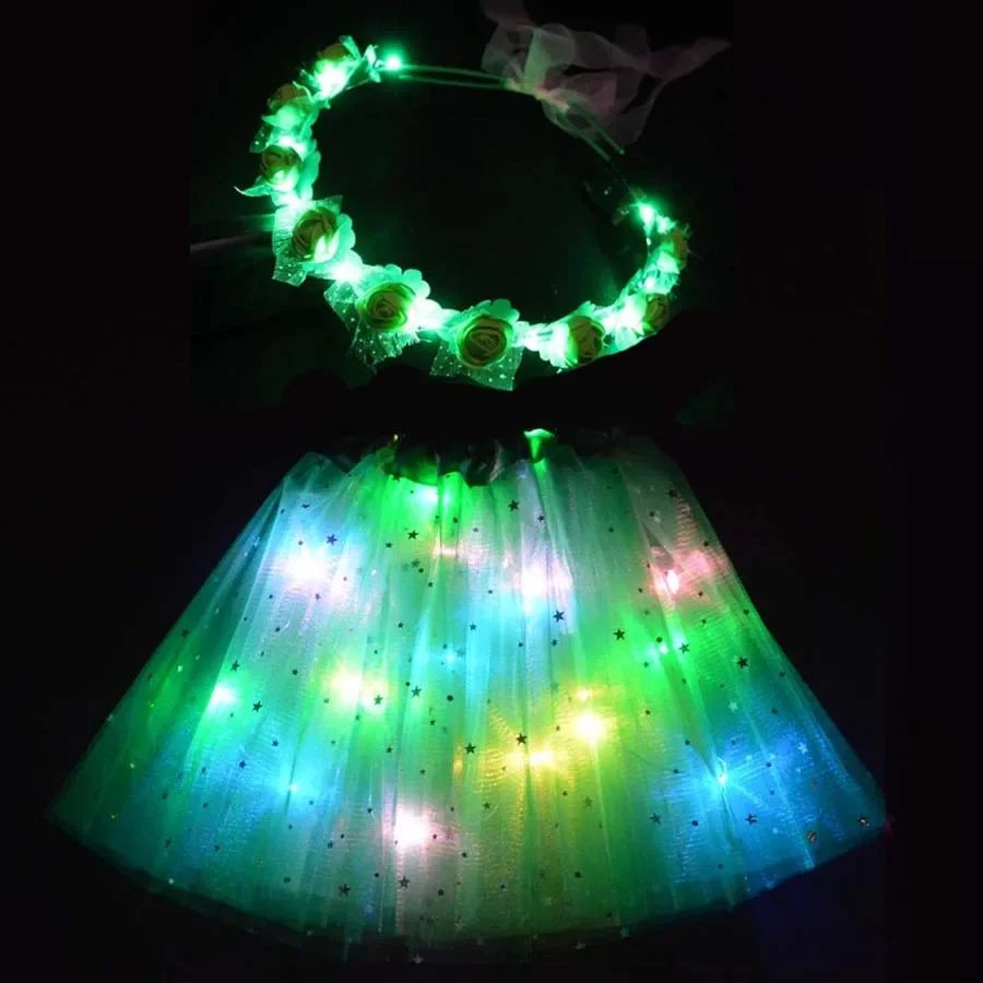 Women LED Glow Ballet Light Up Tutu Skirt Dance Party Headband Flower Girl Crown Birthday Gift Wedding Festival Halloween