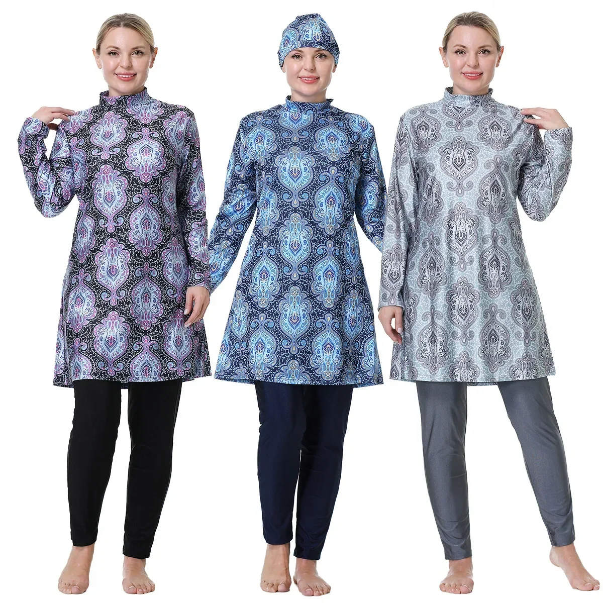 

Islamic Muslim Women Swimwear Plus Size XXXL-8XL Fashion Burkinis Swimsuit Long Sleeve Blouse+leggings+Hijab 3Pcs Arab Beachwear